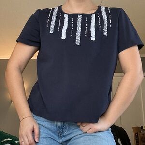 Alfred Dunner Navy Tee with White Fabric & Beaded Embroided Details